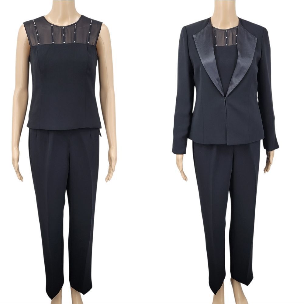 Jessica Howard Black Satin Trim Blazer Pantsuit 3 Piece Blousr Pants Jacket